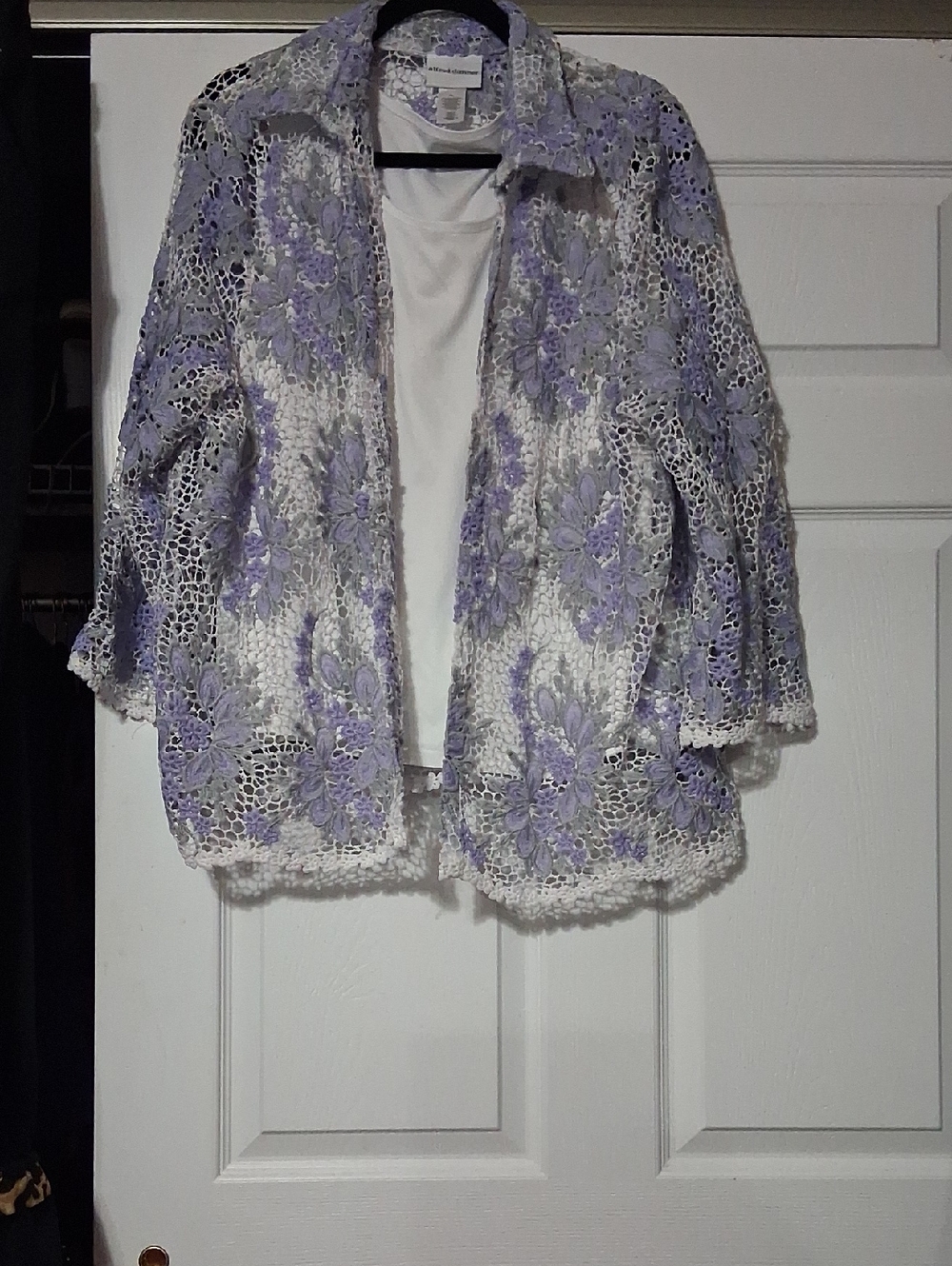 Alfred Dunner White and Lavender Crochet Open Jacket